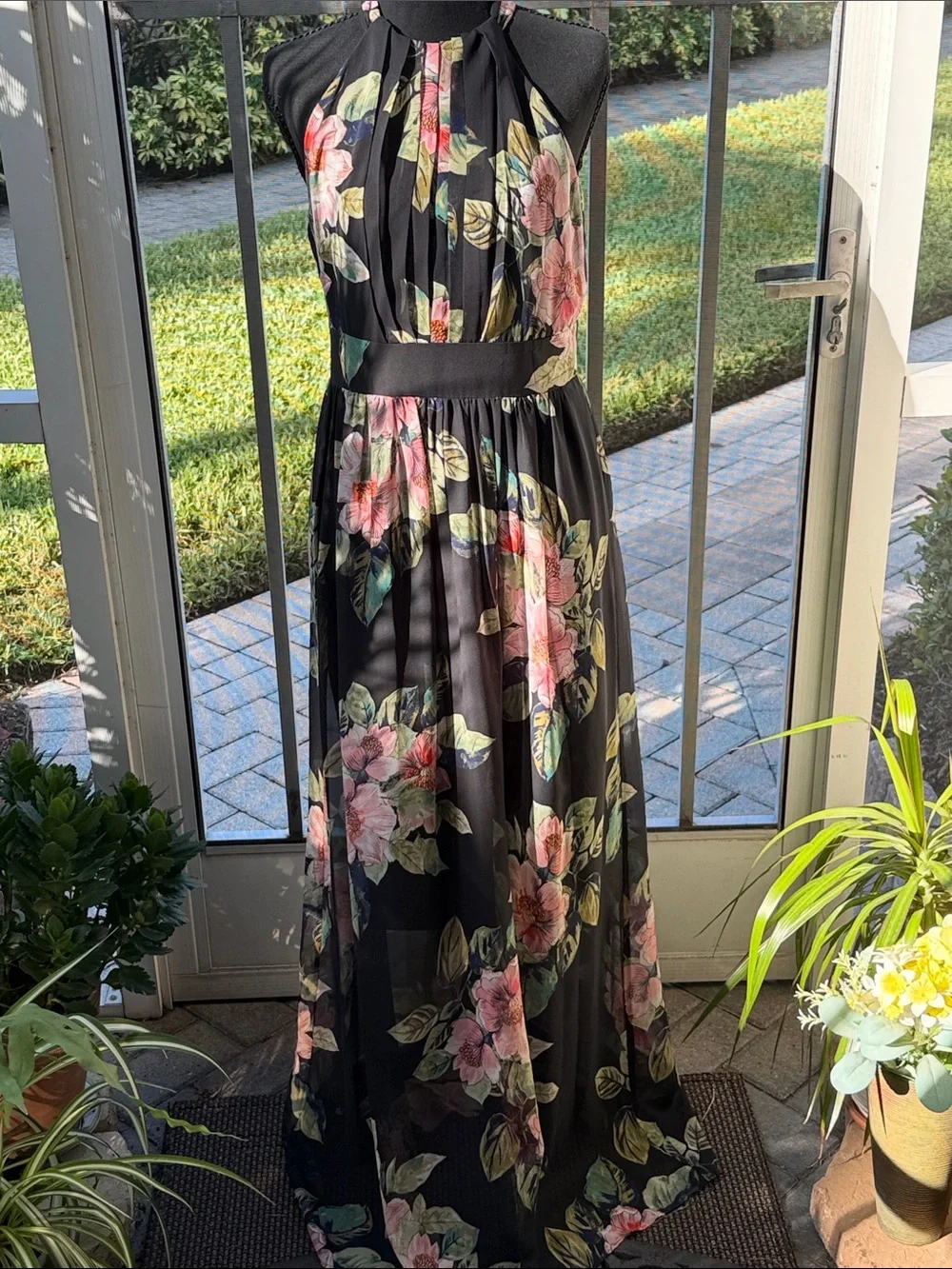 Black Floral Halter Maxi Dress - Pink & Green Floral
